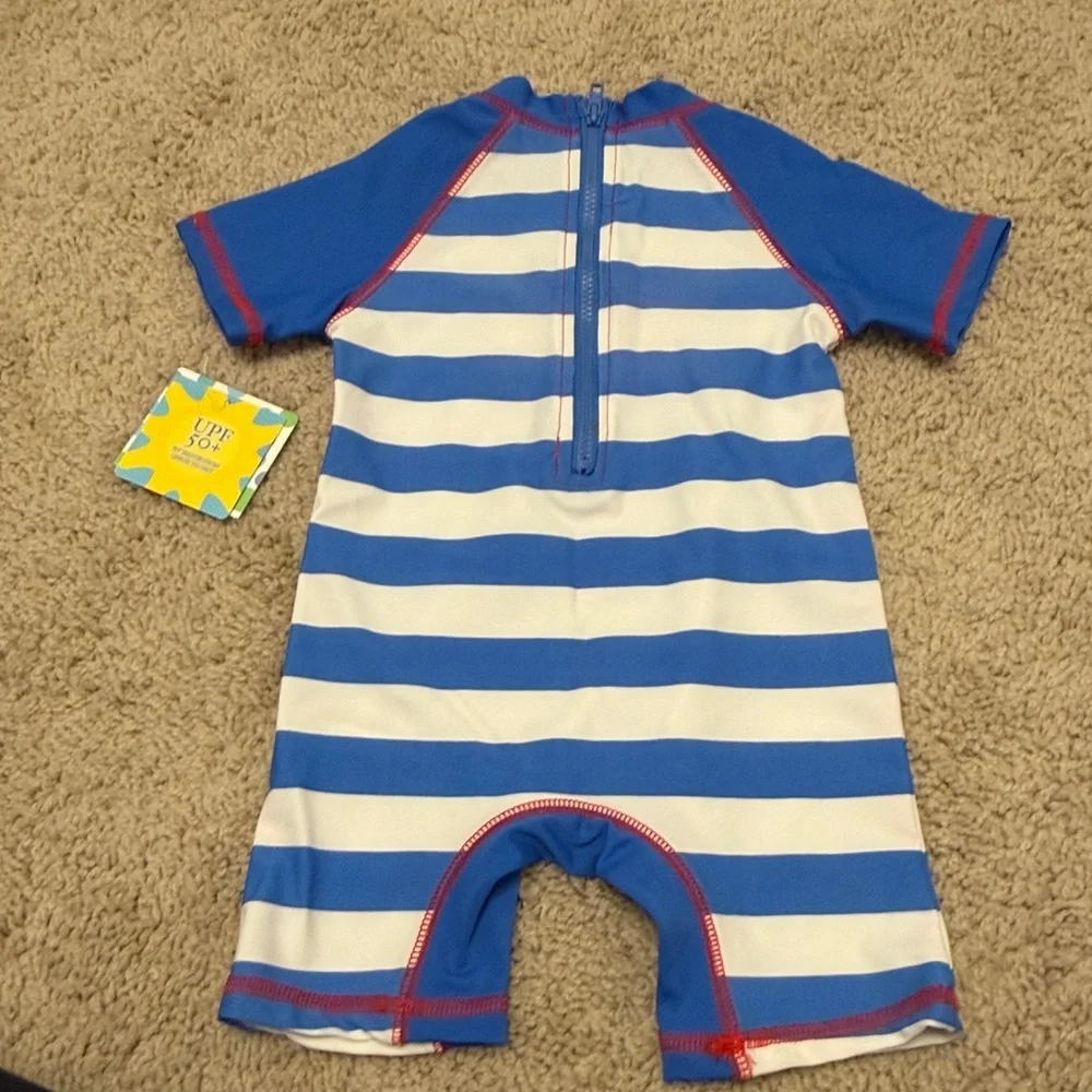 Little Me Blue & White Striped Crab Rash Guard Swim Romper